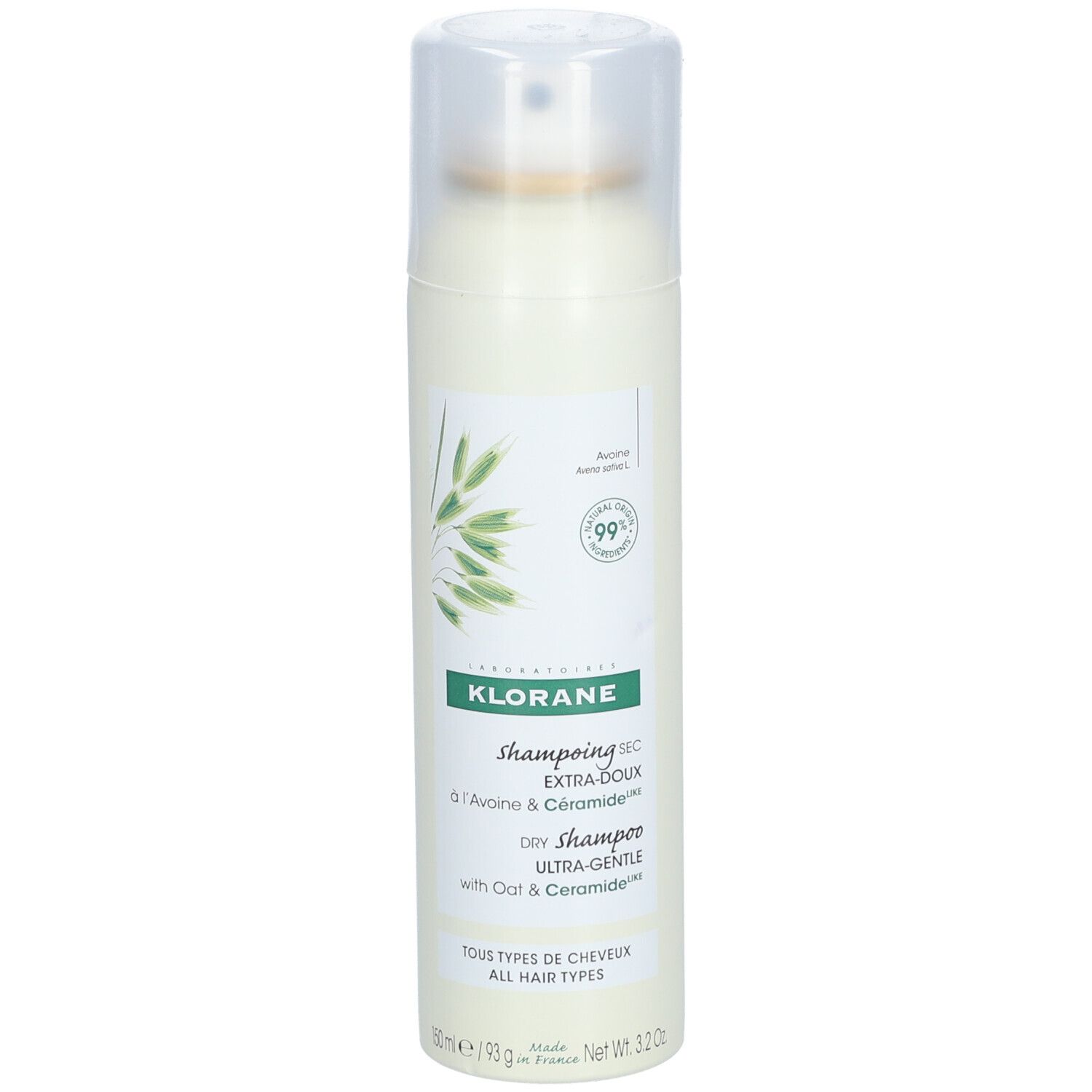 KLORANE Trockenshampoo-Spray. Weiße Flasche mit grünem Etikett. Enthält Hafer und Ceramide.