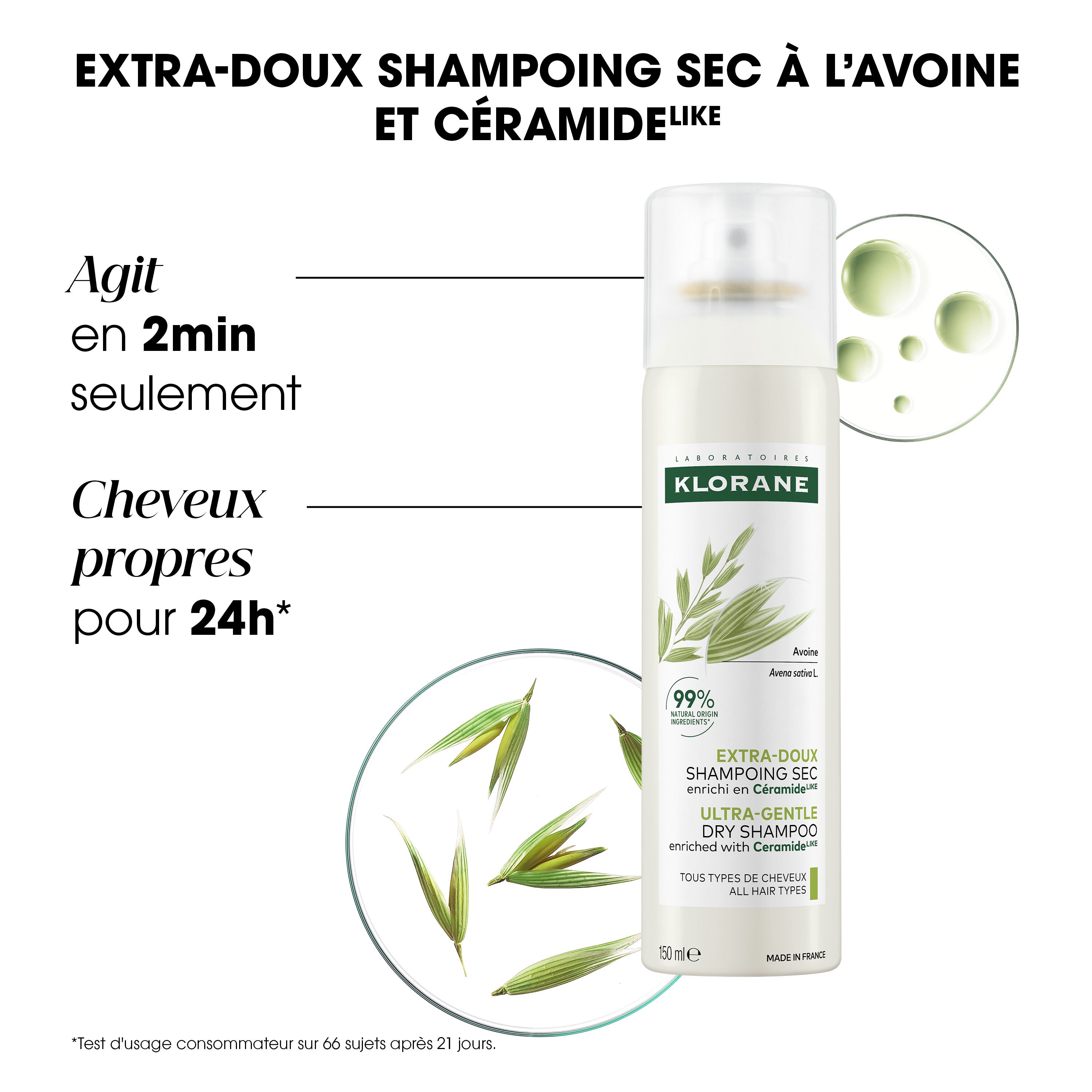 Spray de shampooing sec KLORANE. Flacon blanc avec étiquette verte. Contient de l'avoine et des céramides.