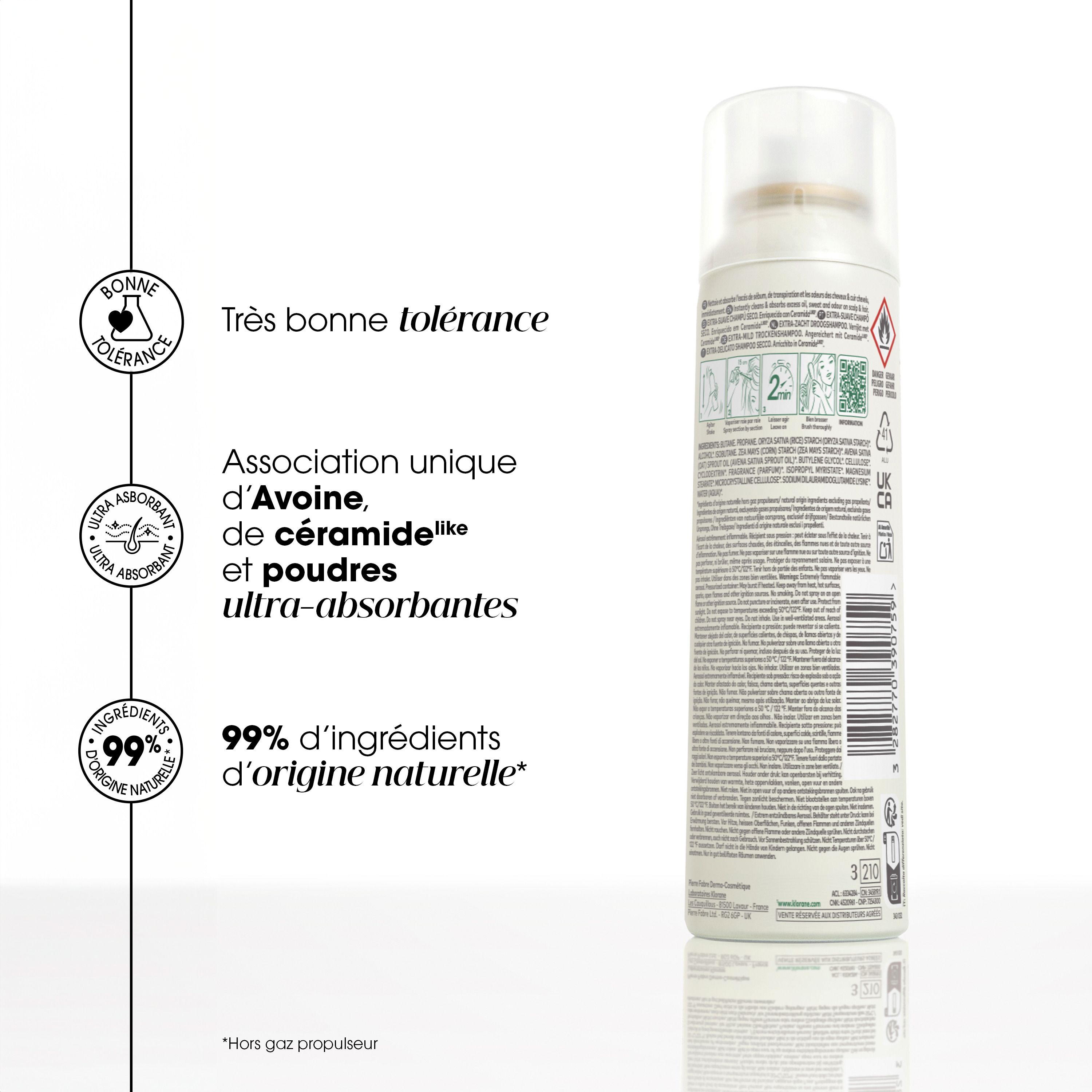 Spray de shampooing sec KLORANE. Flacon blanc avec étiquette verte. Contient de l'avoine et des céramides.