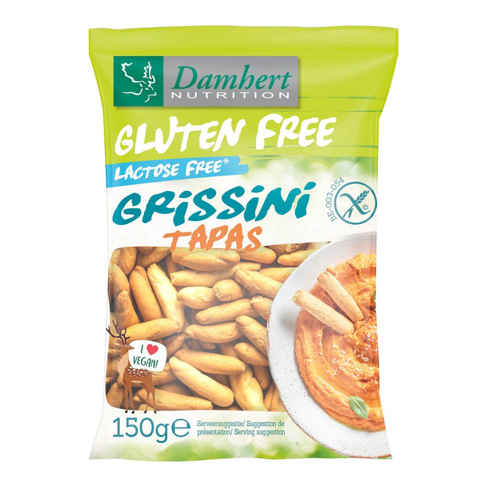 Verpackung mit Damhert Glutenfrei Grissini Tapas. Sichtfenster zeigt Grissini-Sticks. Grün-weißes Design, glutenfrei-Logo.
