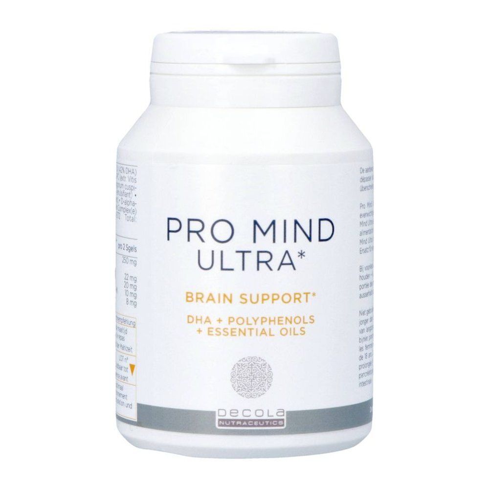 Flacon blanc « Pro Mind Ultra ». Contient des gélules. « Brain Support » et ingrédients également indiqués.