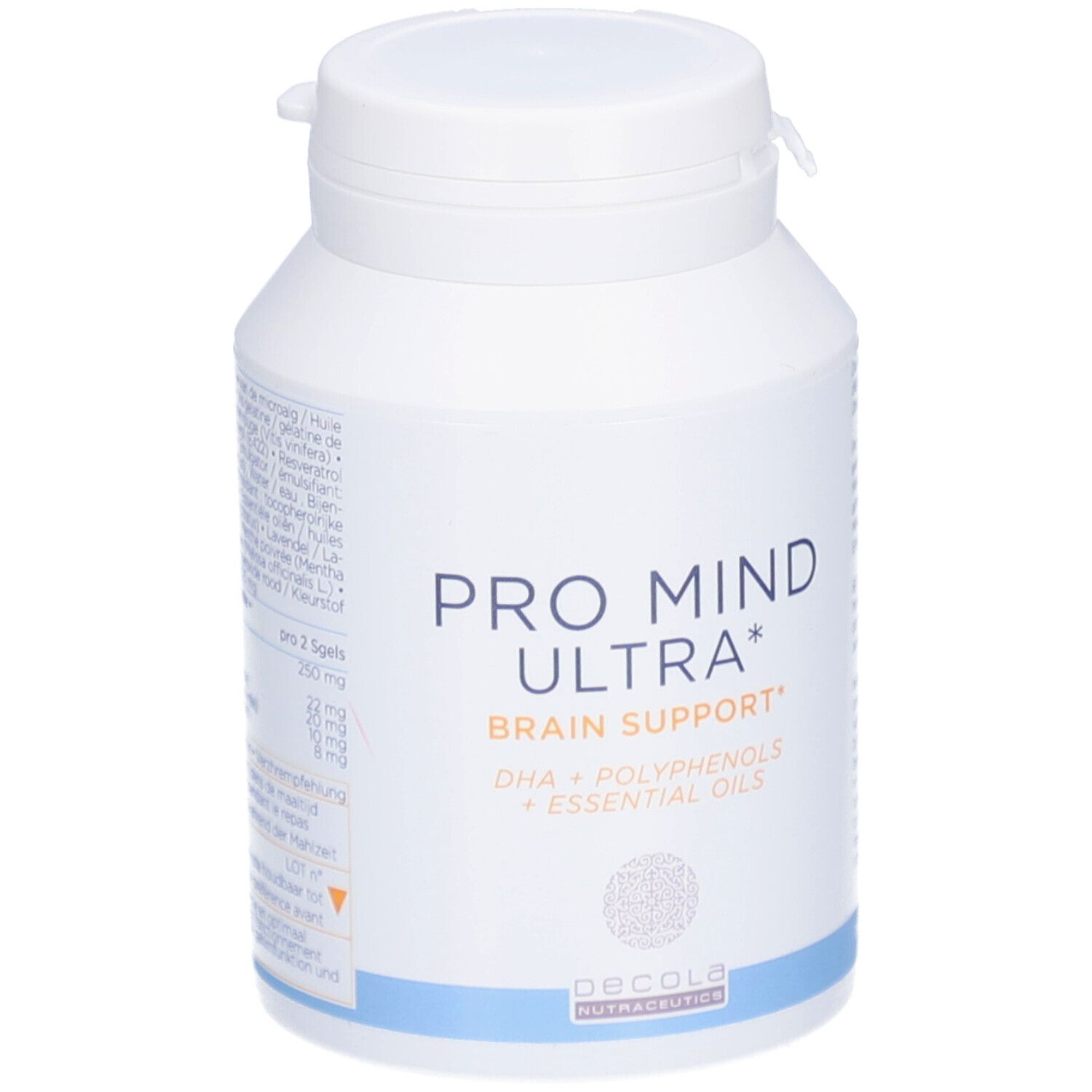 Weiße Flasche mit „Pro Mind Ultra“ Aufschrift. Enthält Softgels. „Brain Support“ und Inhaltsstoffe sind ebenfalls angegeben.
