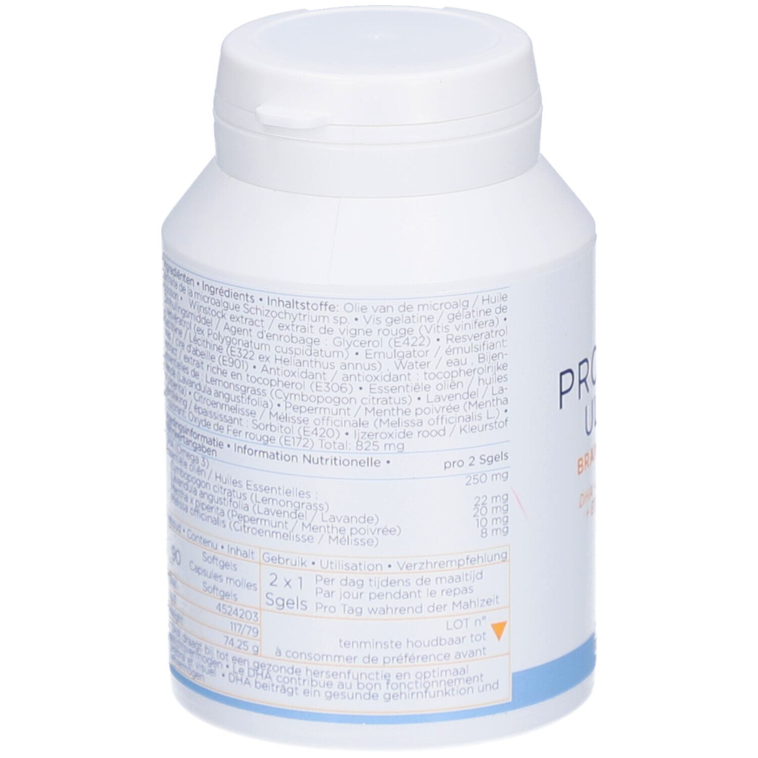 Weiße Flasche mit Inhaltsstoffangaben. Enthält Softgels. Text in mehreren Sprachen. Marke Decola Nutraceutics.