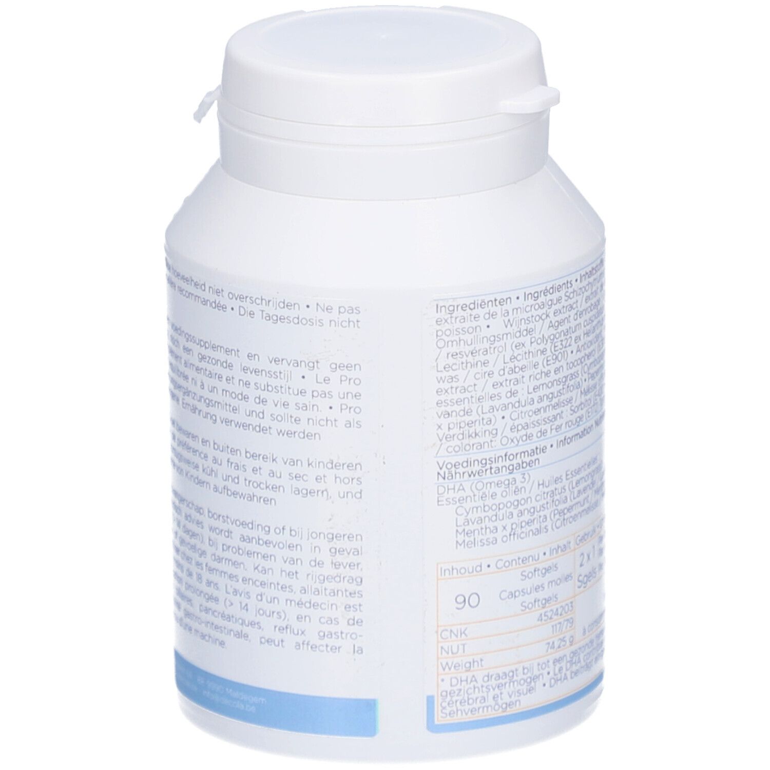 Weiße Flasche mit Text in mehreren Sprachen. Enthält Softgels. 90 Kapseln. Marke Decola Nutraceutics.