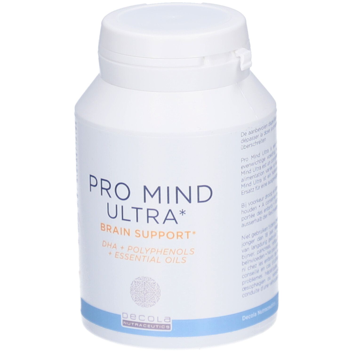Weiße Flasche mit „Pro Mind Ultra“ Aufschrift. Enthält Softgels. „Brain Support“ und Inhaltsstoffe sind ebenfalls angegeben.