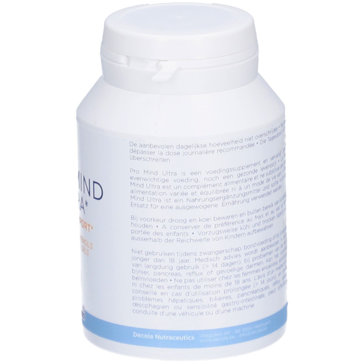 Weiße Flasche mit Text in mehreren Sprachen. Enthält Softgels. Marke Decola Nutraceutics.