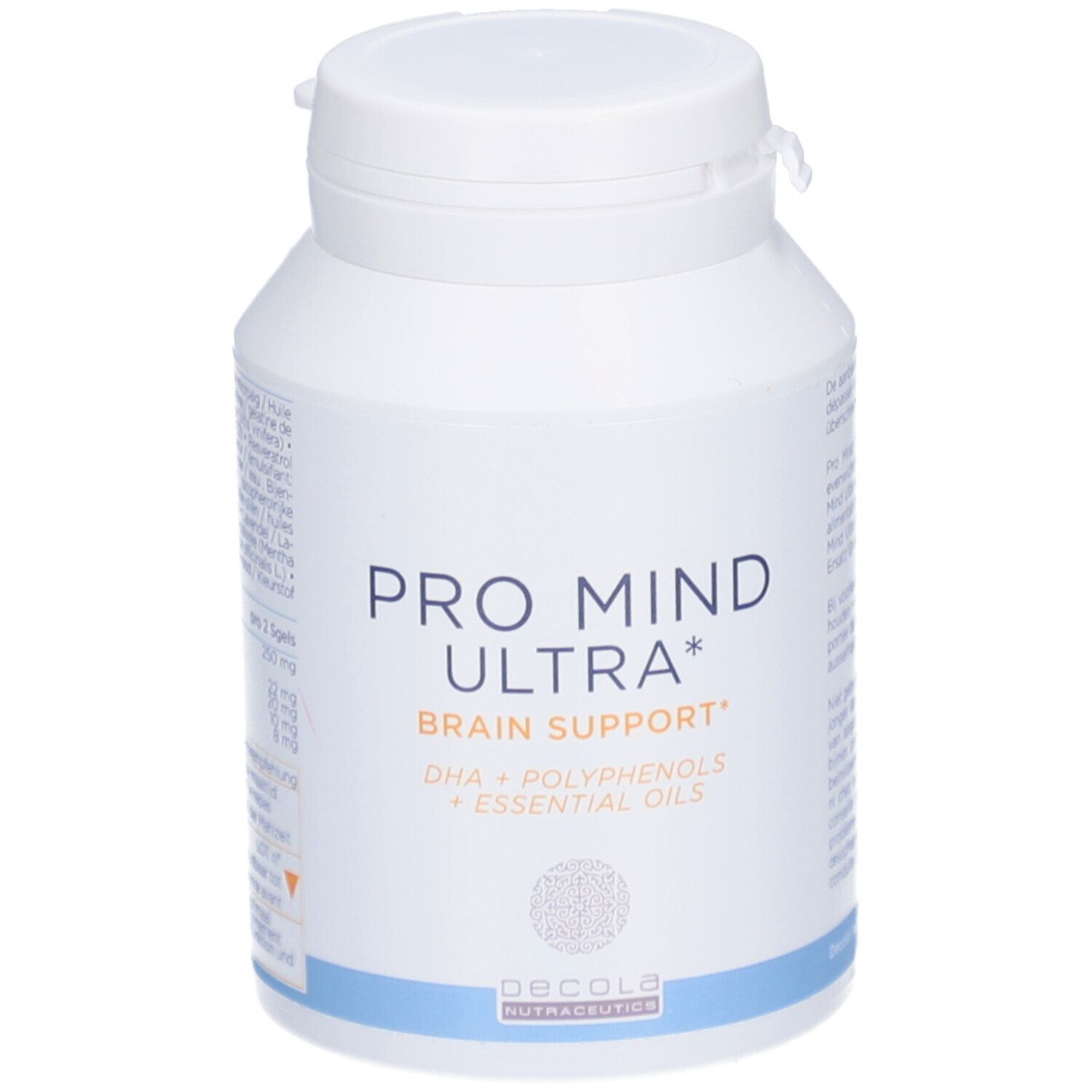 Weiße Flasche mit „Pro Mind Ultra“ Aufschrift. Enthält Softgels. „Brain Support“ und Inhaltsstoffe sind ebenfalls angegeben.