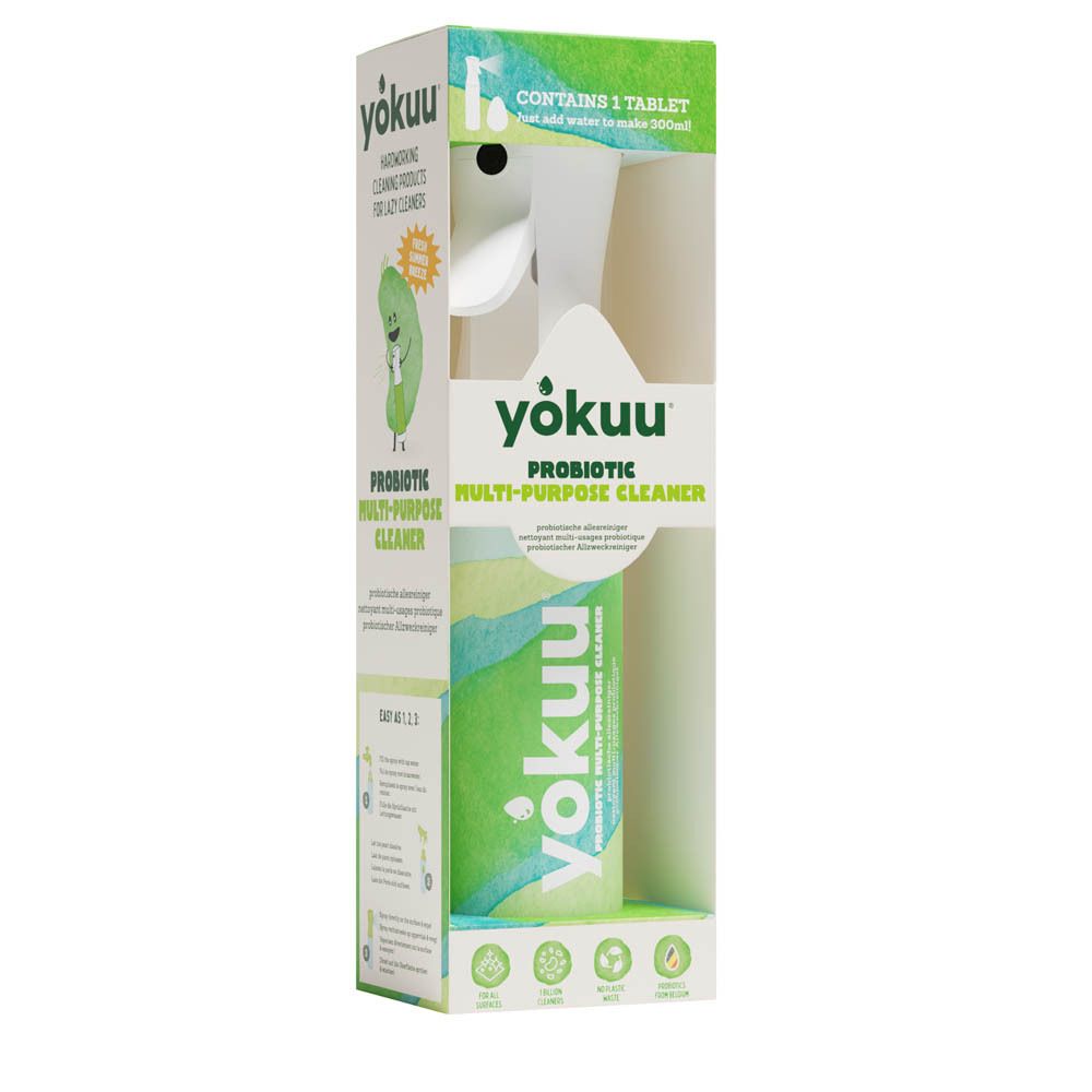 Kit de démarrage Yokuu. Nettoyant multi-usages dans un emballage. Comprend un vaporisateur et un chiffon. Emballage vert et blanc.