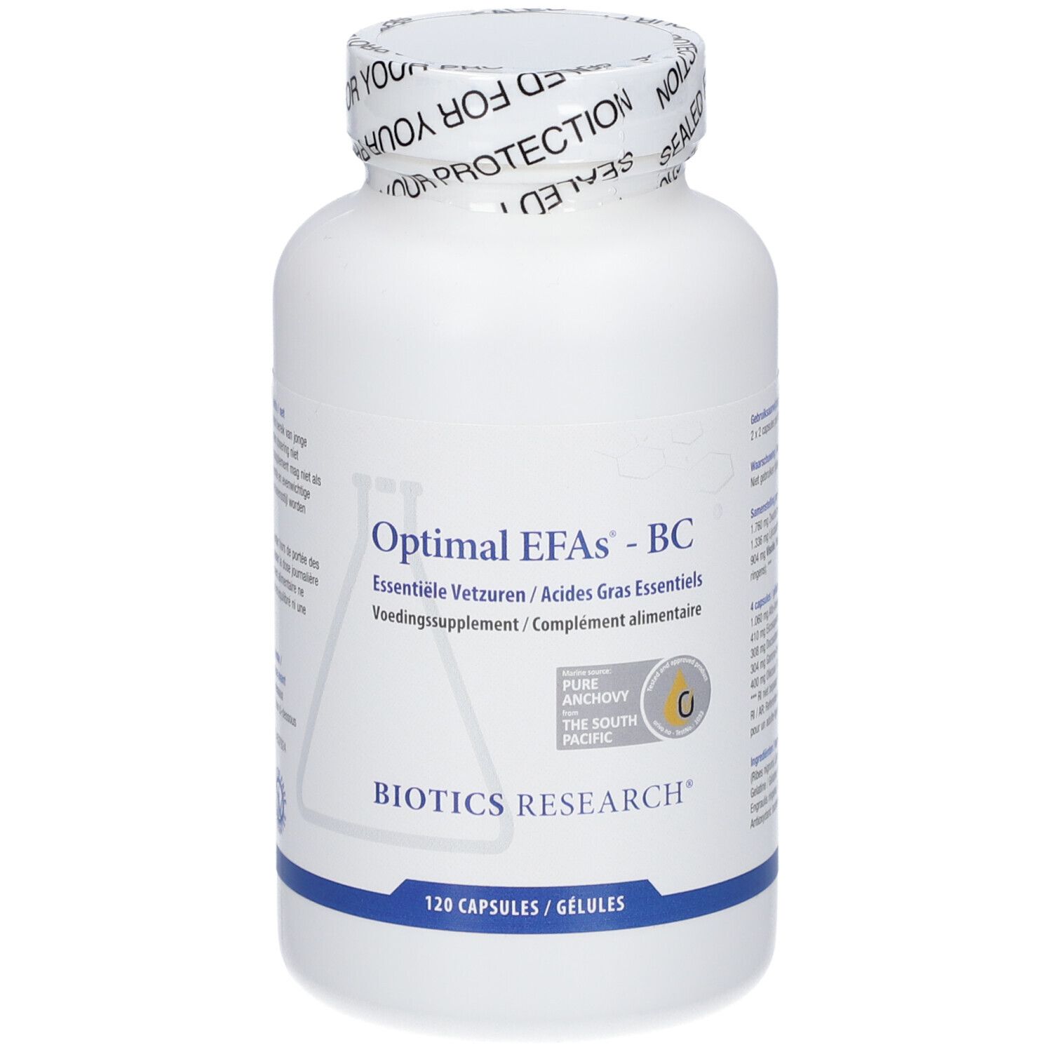 Weiße Flasche mit 'Optimal EFAs - BC' und 'Biotics Research' Aufschrift. Enthält 120 Kapseln. Siegel am Deckel.