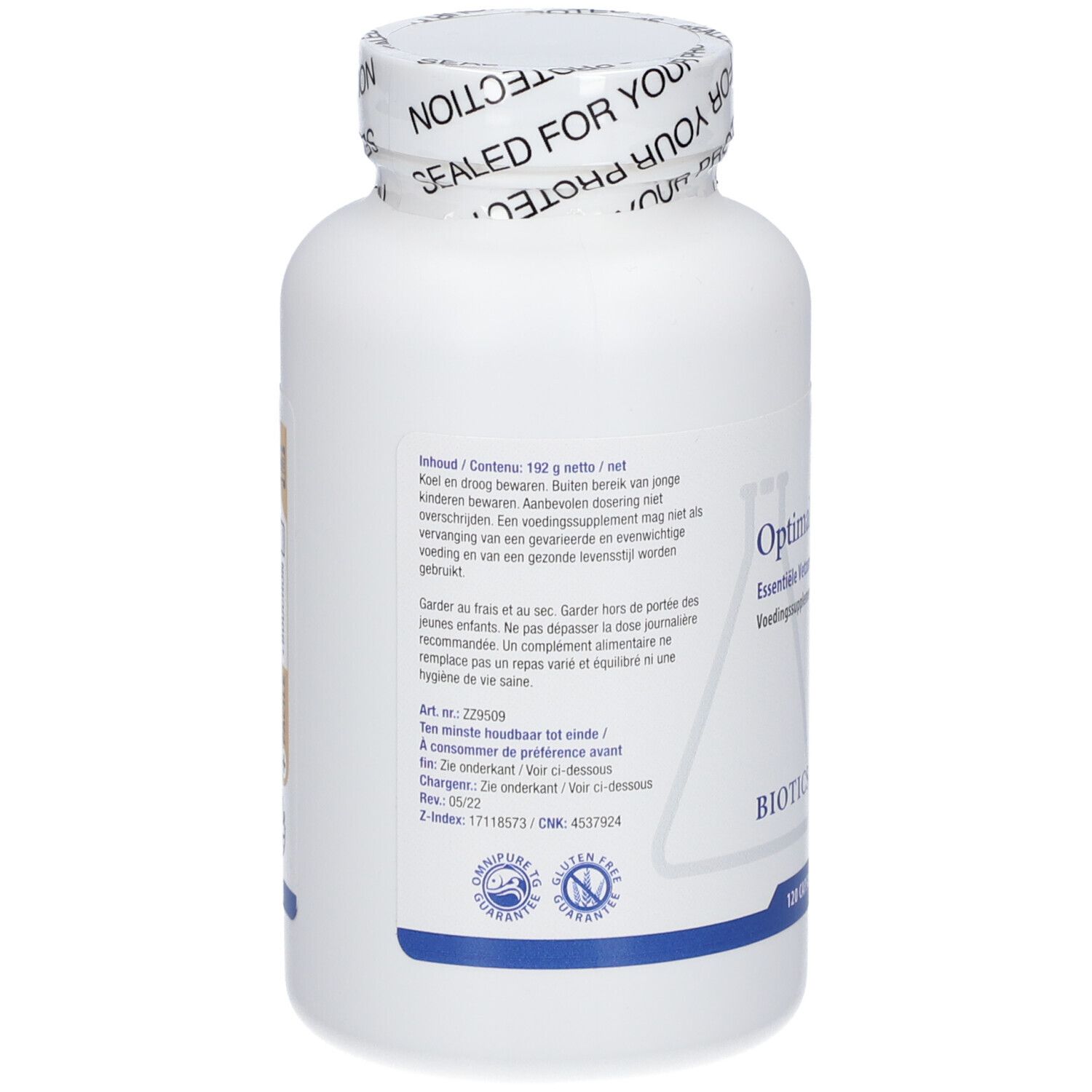 Rückseite der weißen Flasche. Enthält Informationen zu Inhaltsstoffen und Lagerung. Glutenfrei-Siegel.