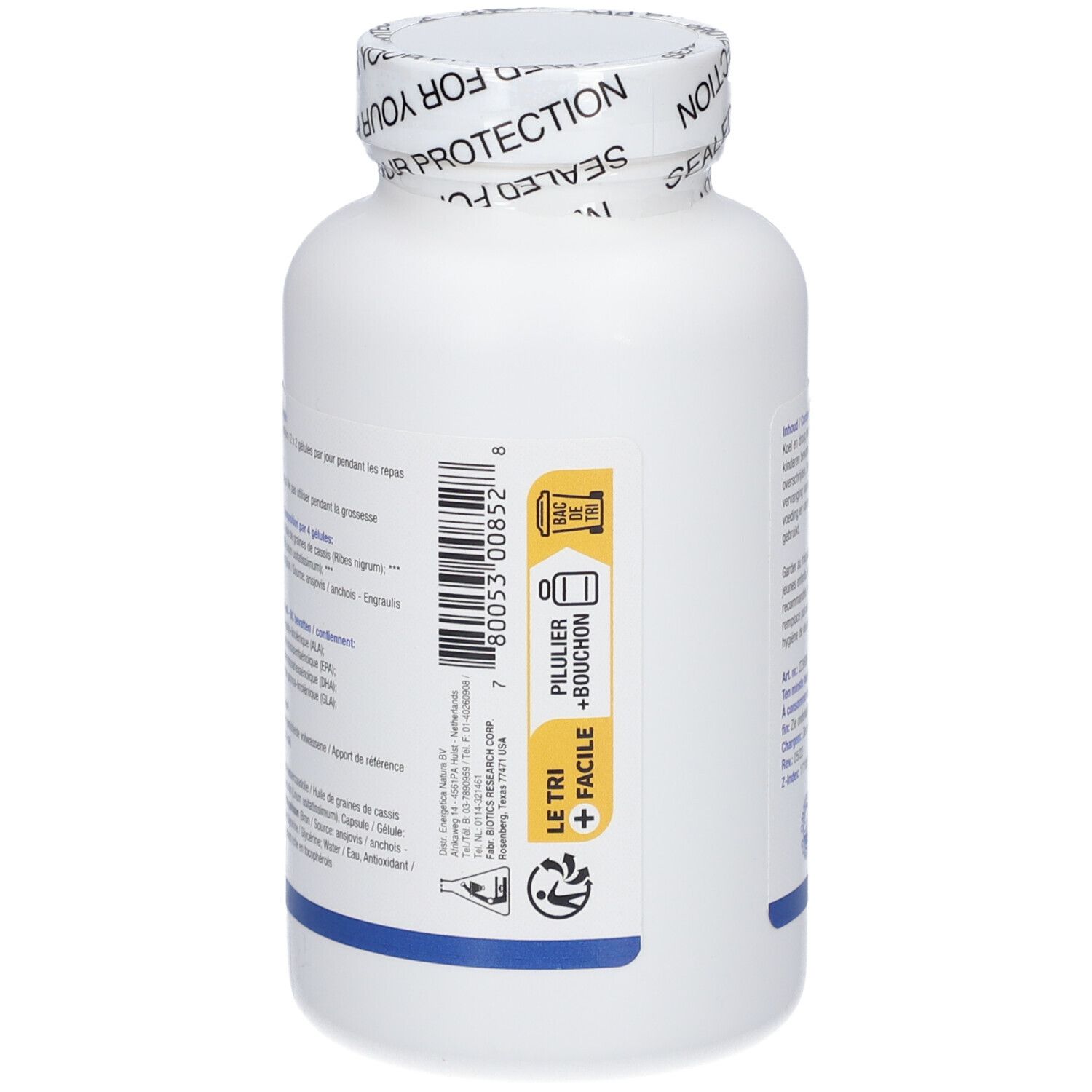 Rückseite der Flasche mit Barcode und Recycling-Symbolen. 'Pillier + Bouchon' und 'Le Tri' Symbole.