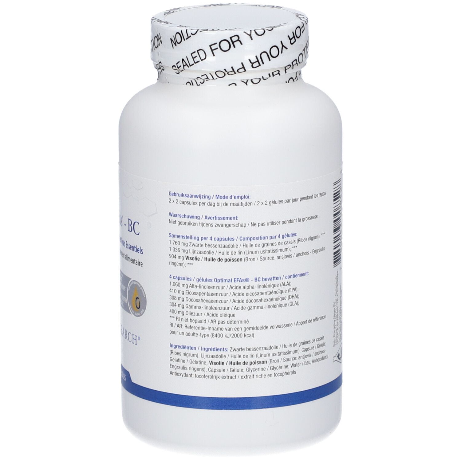 Rückseite der Flasche mit Inhaltsstoffangaben und Dosierung. 'Biotics Research' Logo.