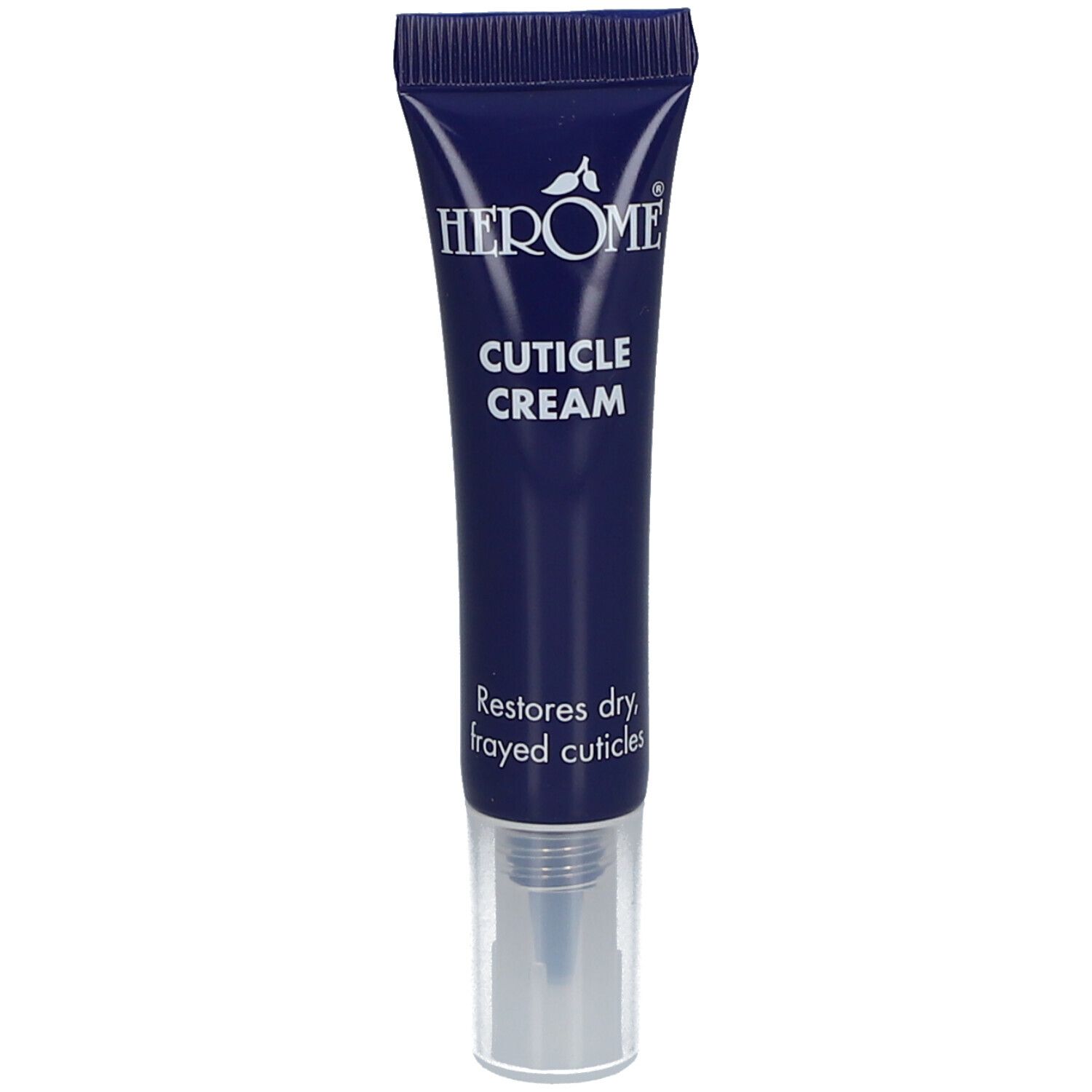 Dunkelblaue Tube HEROME® Cuticle Cream. Text: Restores dry, frayed cuticles. Mit Dosierspitze.