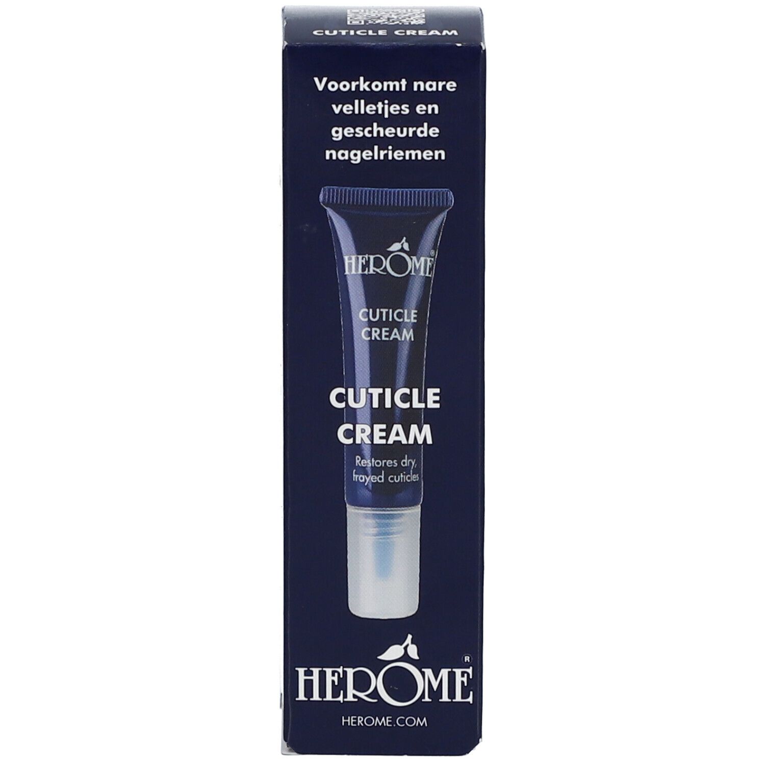 HEROME® Cuticle Cream Schachtel. Text: Voorkomt nare velletjes en gescheurde nagelriemen. Produktname und Logo.