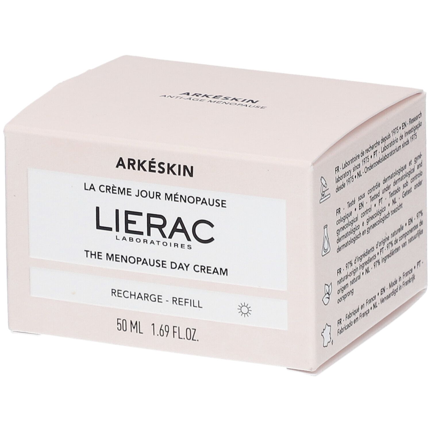 Rosa Kartonverpackung mit Produktinformationen. Aufschrift: Arkéskin, La Crème Jour Ménopause, Lierac, The Menopause Day Cream, Recharge - Refill.