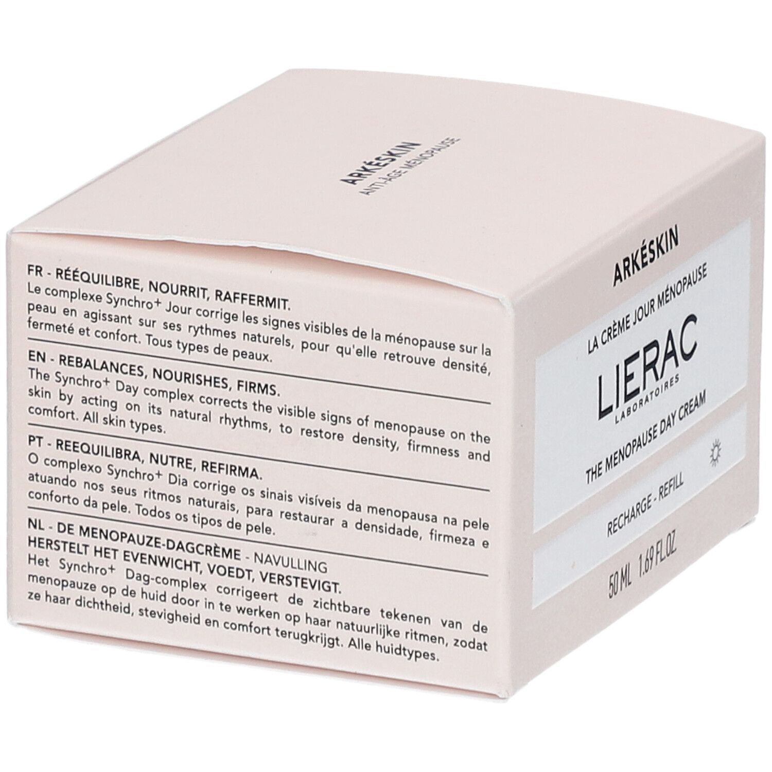 Rosa Kartonverpackung mit Produktinformationen. Text in mehreren Sprachen. Aufschrift: Arkéskin, La Crème Jour Ménopause, Lierac, The Menopause Day Cream, Recharge - Refill.