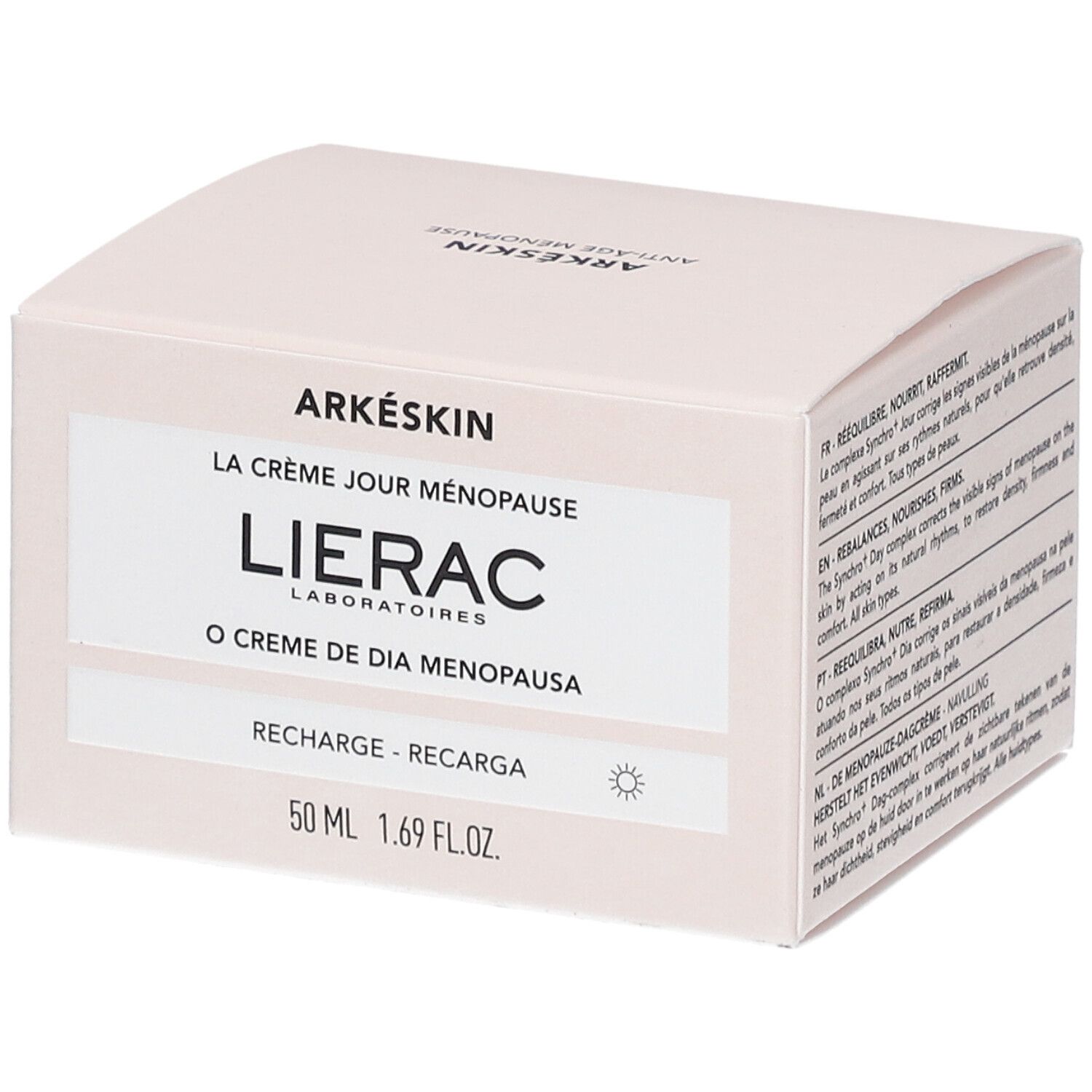 Rosa Kartonverpackung mit Produktinformationen. Aufschrift: Arkéskin, La Crème Jour Ménopause, Lierac, O Creme de Dia Menopausa, Recharge - Recarga.