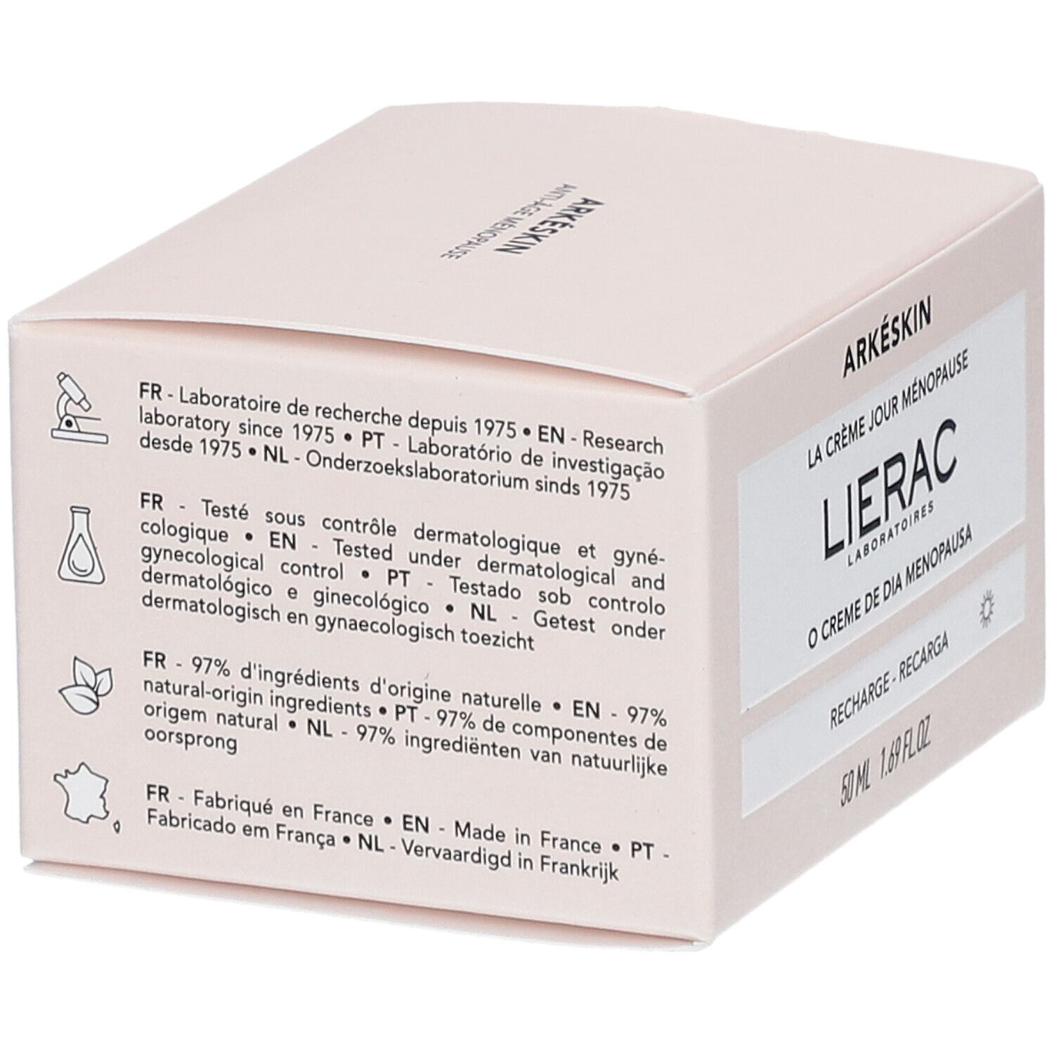 Rosa Kartonverpackung mit Produktinformationen. Aufschrift: Arkéskin, La Crème Jour Ménopause, Lierac, O Creme de Dia Menopausa, Recharge - Recarga.