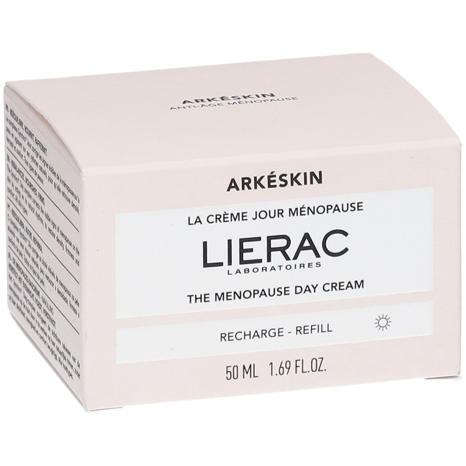 Rosa Kartonverpackung mit Produktinformationen. Aufschrift: Arkéskin, La Crème Jour Ménopause, Lierac, The Menopause Day Cream, Recharge - Refill.