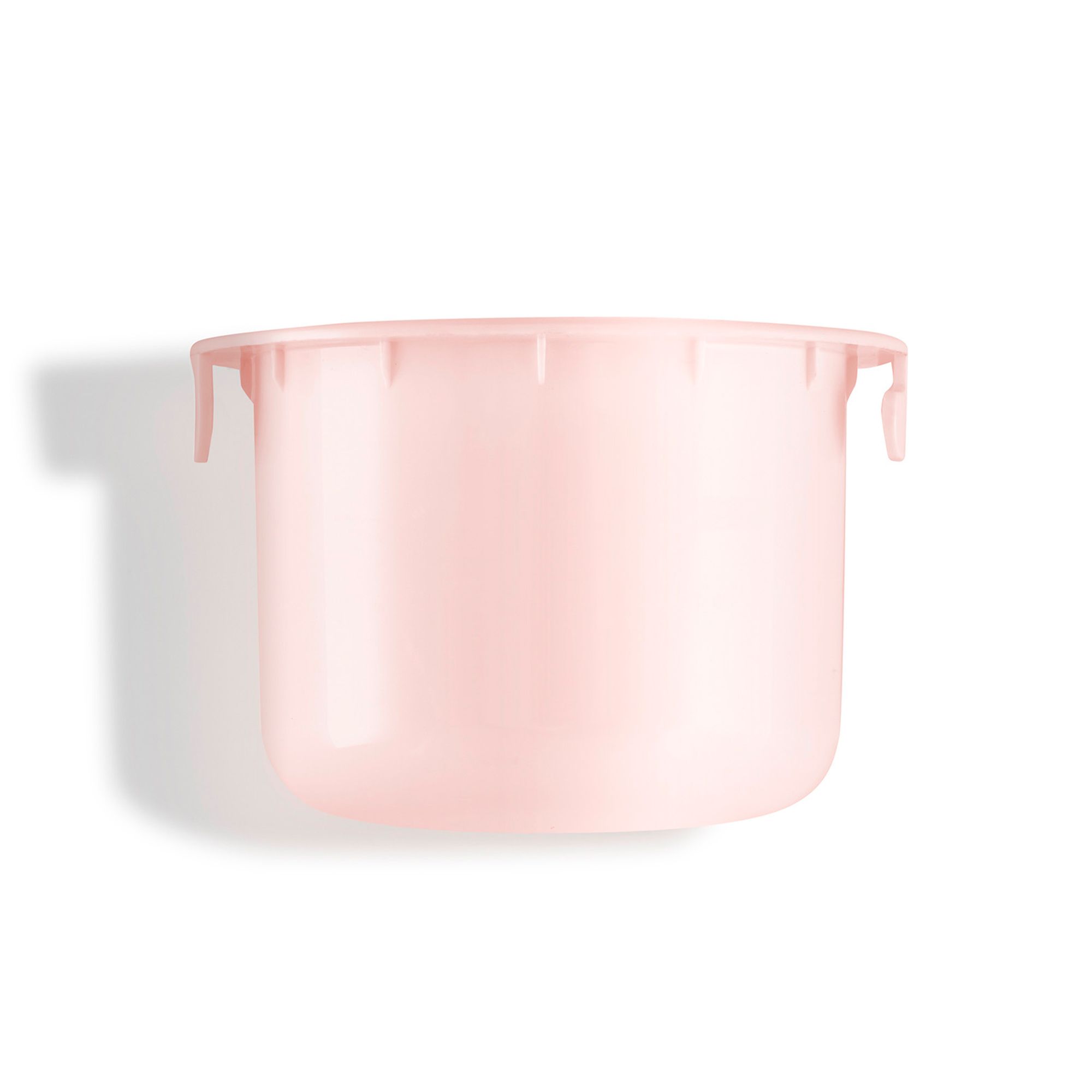 Récipient de crème rose avec deux petites poignées. Ouvert en haut.