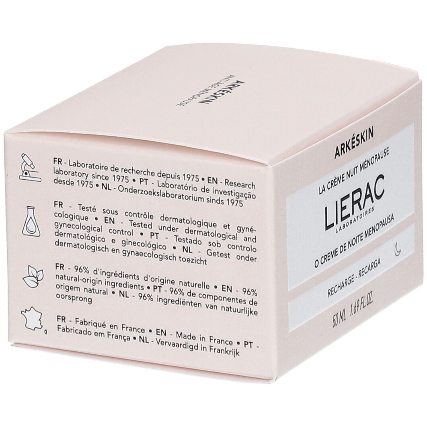 Creme-Verpackung. Aufschrift: Lierac Arkéskin La Crème Nuit Ménopause Recharge. Details.