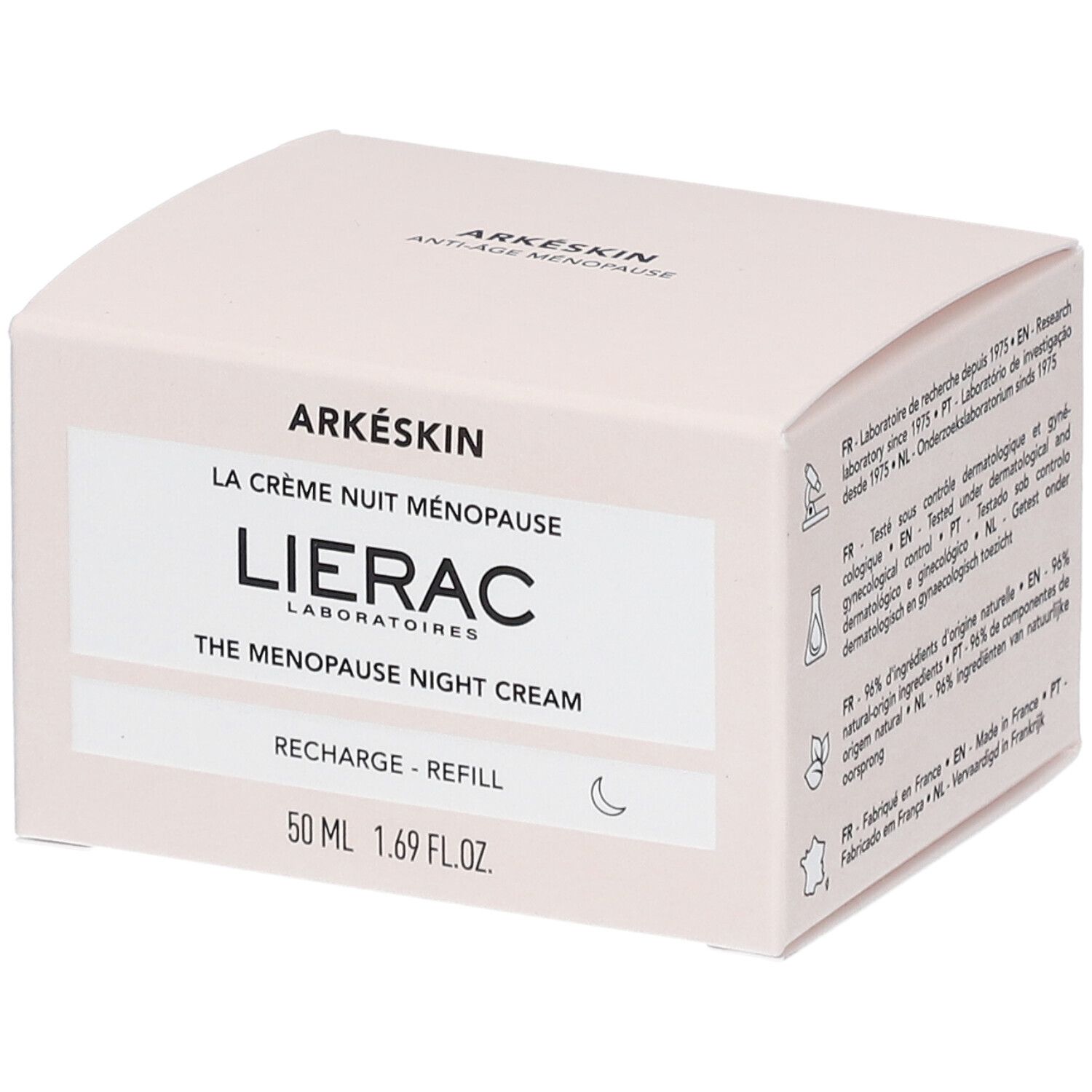 Creme-Verpackung. Aufschrift: Lierac Arkéskin The Menopause Night Cream. 50 ml.