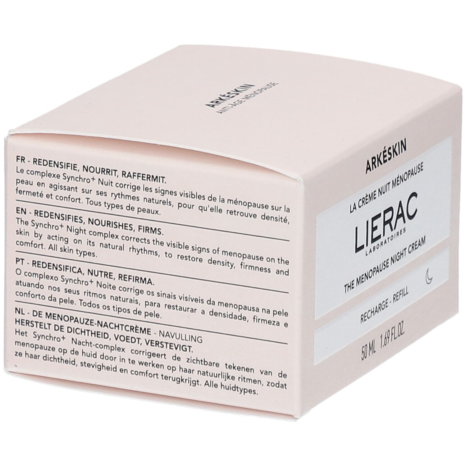 Creme-Verpackung. Aufschrift: Lierac Arkéskin The Menopause Night Cream. Details.