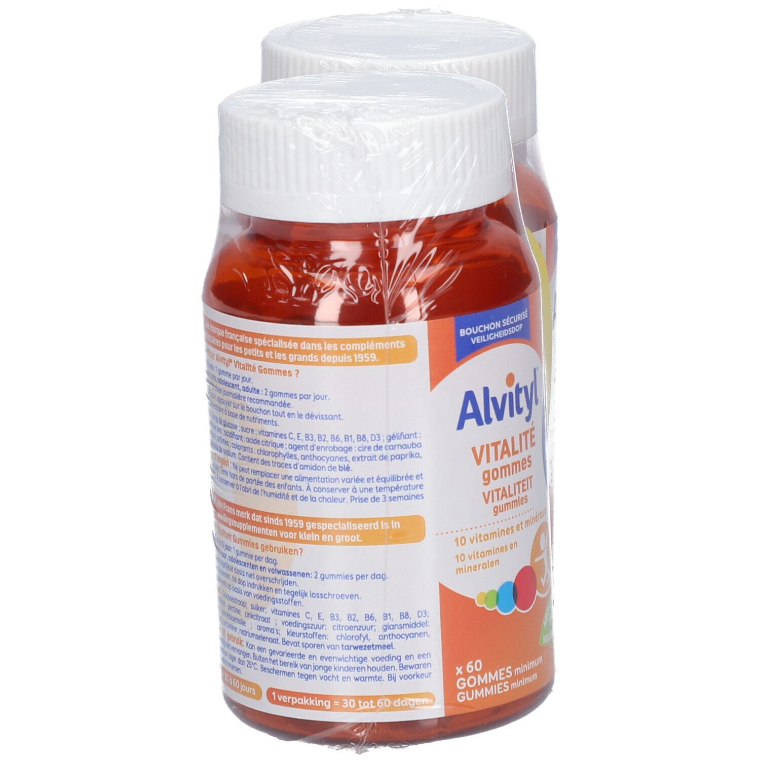 Zwei Flaschen Alvityl Vitalité Gummies, verpackt. Aufschrift und Inhaltsangaben.