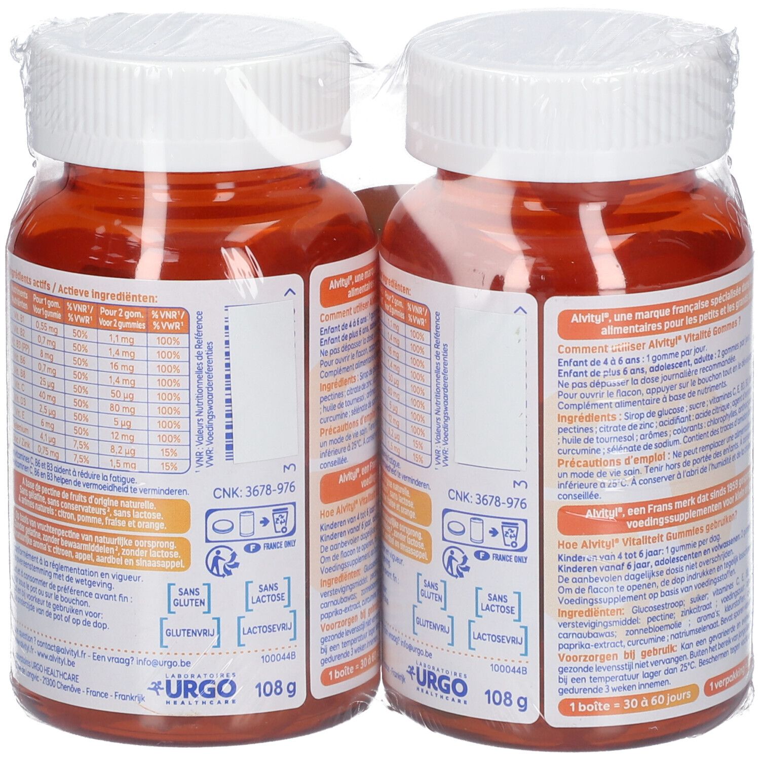 Zwei Flaschen Alvityl Vitalité Gummies, verpackt. Rückseite mit Inhaltsangaben.