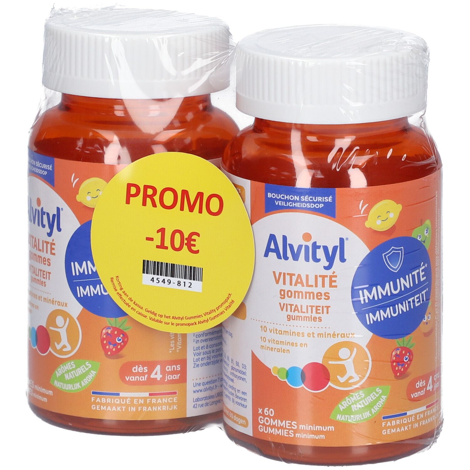 Zwei Flaschen Alvityl Vitalité Gummies, verpackt. Aufkleber mit Promo -10€.