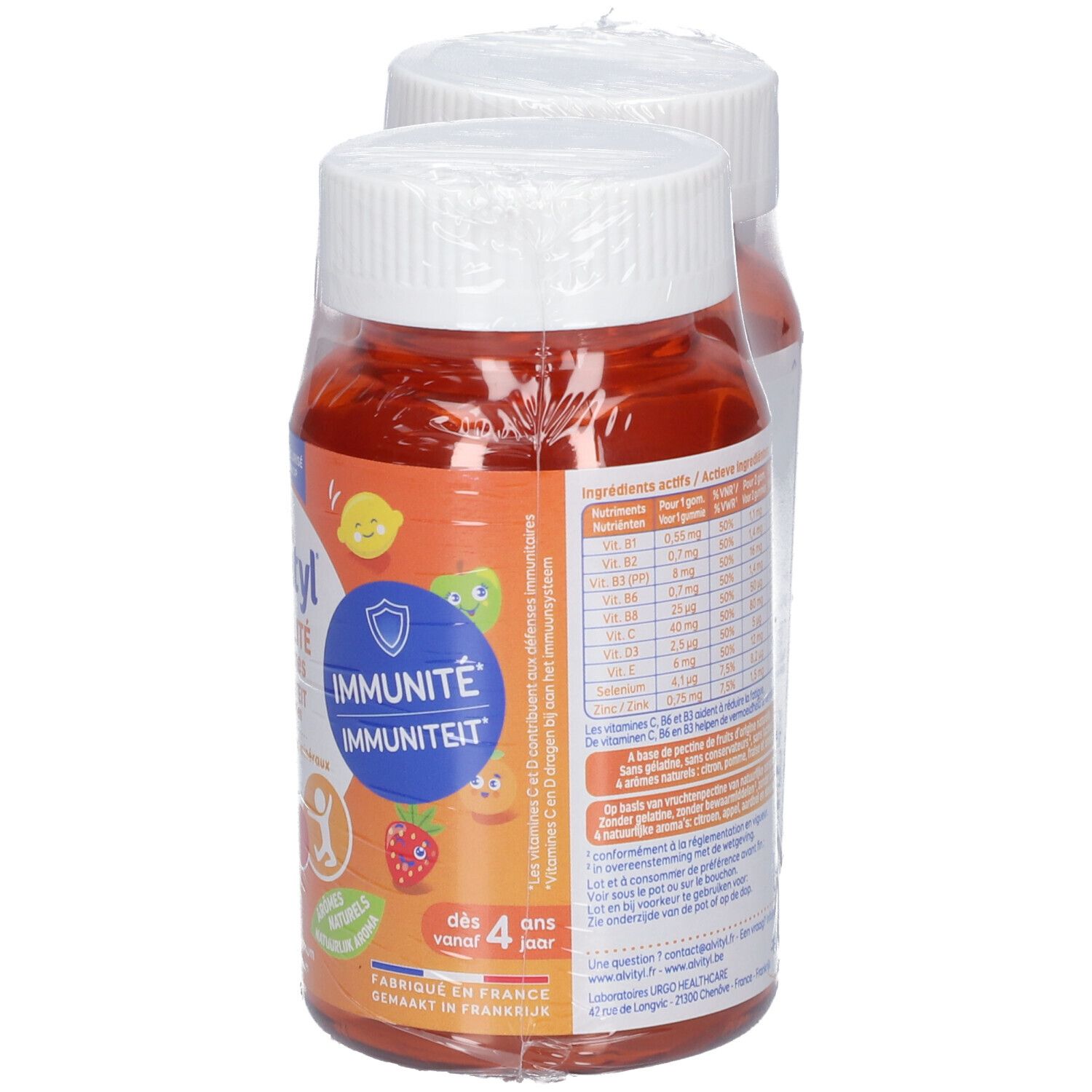 Zwei Flaschen Alvityl Vitalité Gummies, verpackt. Rückseite mit Inhaltsangaben.