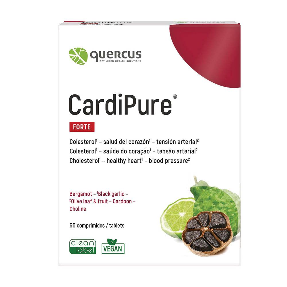 Quercus CardiPure Forte Tablettenverpackung mit Bergamotte, schwarzem Knoblauch und Olivenblatt. 60 Tabletten.