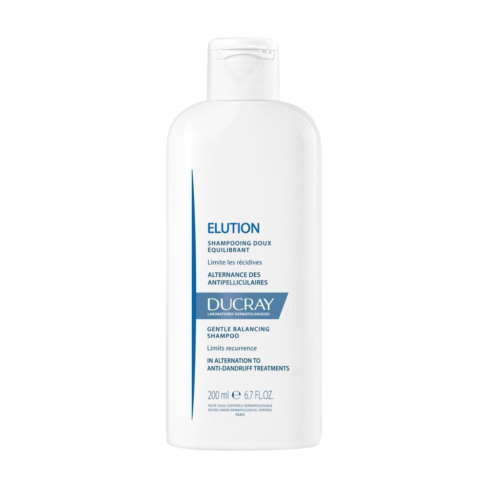 Weiße Flasche mit Shampoo. Aufschrift: Elution, Ducray. 200 ml.