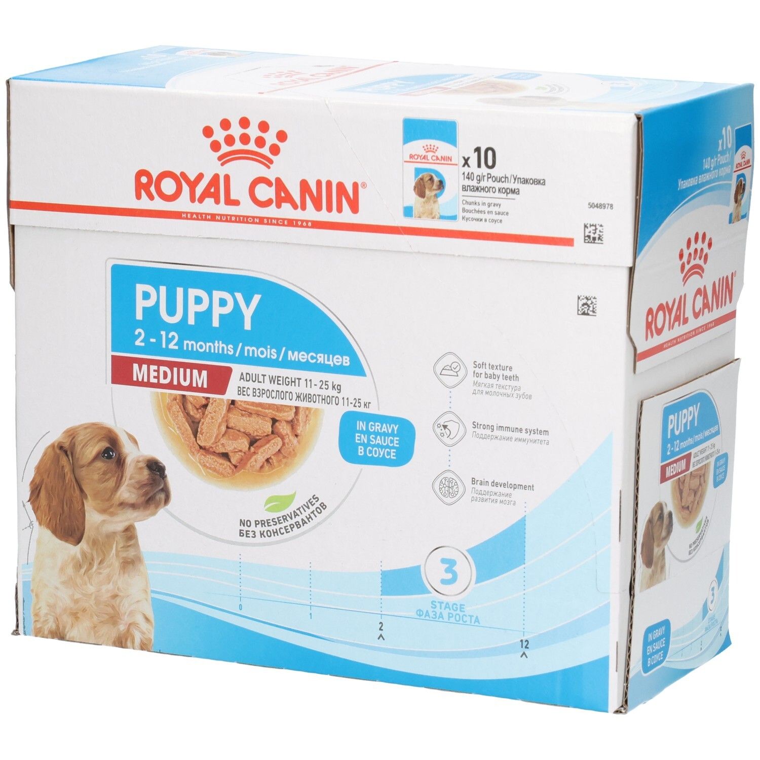 Rückseite Royal Canin Puppy Medium Hundefutter, 10x140g Beutel.