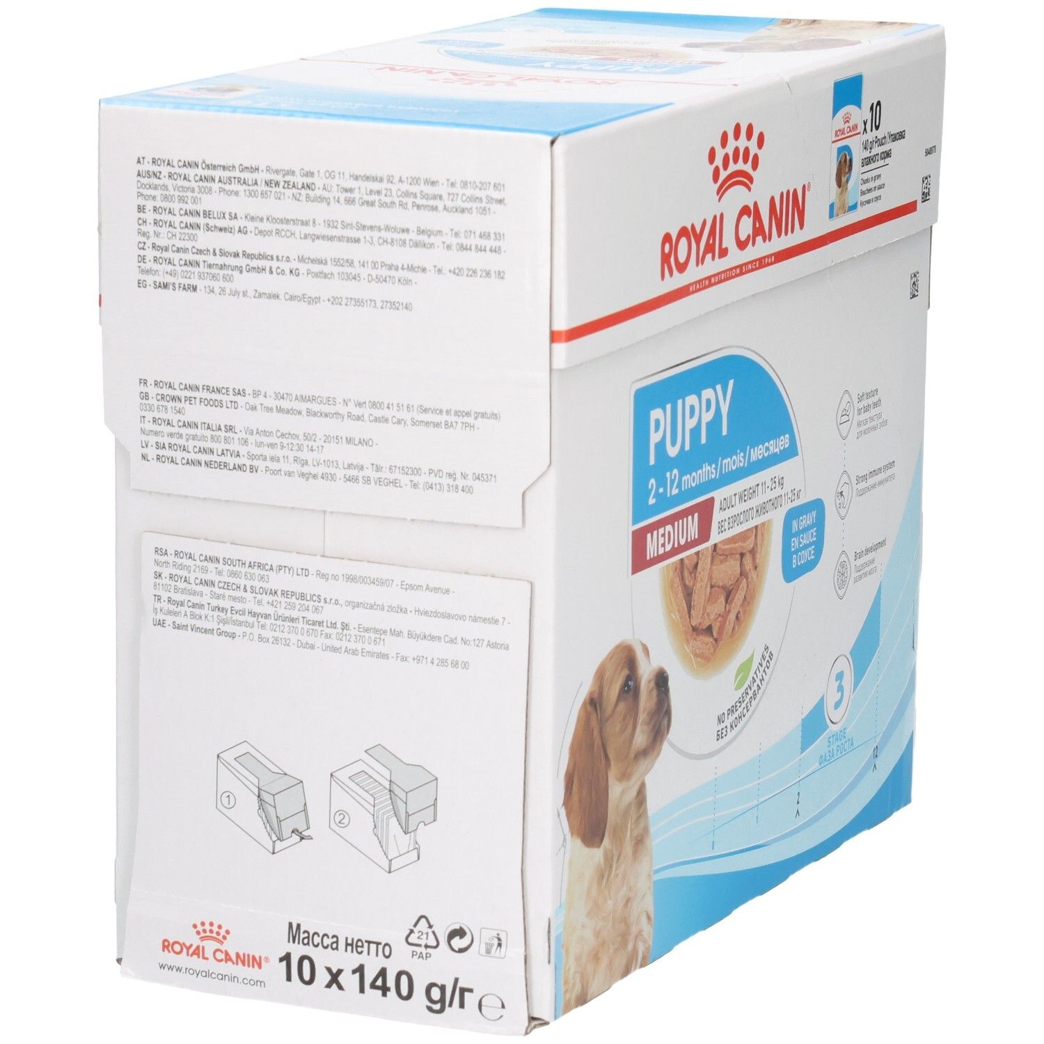 Rückseite Royal Canin Puppy Medium Hundefutter, 10x140g Beutel.