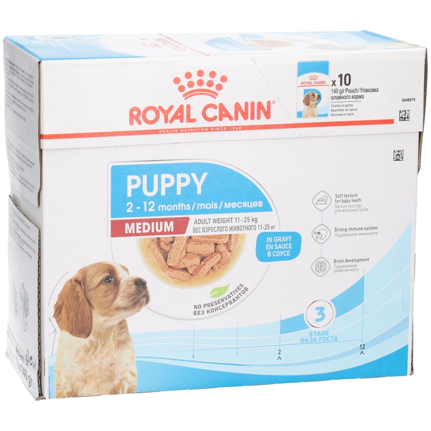 Rückseite Royal Canin Puppy Medium Hundefutter, 10x140g Beutel.