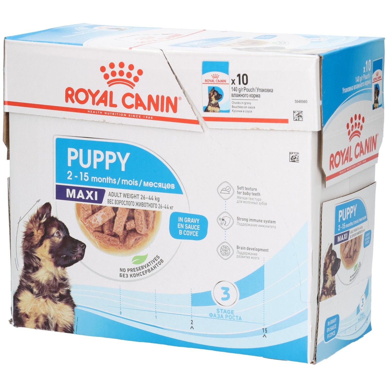 Royal Canin Maxi Puppy in Soße, 10x140g Beutel. Kartonverpackung mit Welpenbild und Produktinformationen.