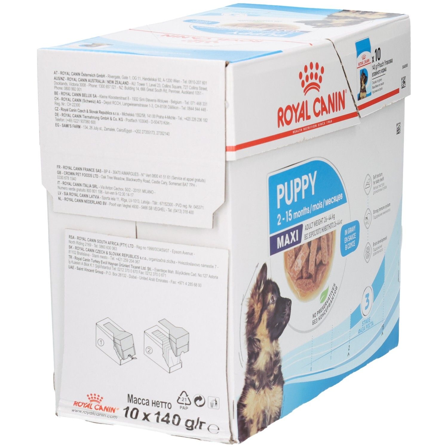 Royal Canin Maxi Puppy in Soße, 10x140g Beutel. Rückseite der Kartonverpackung mit Fütterungshinweisen und Zusammensetzung.