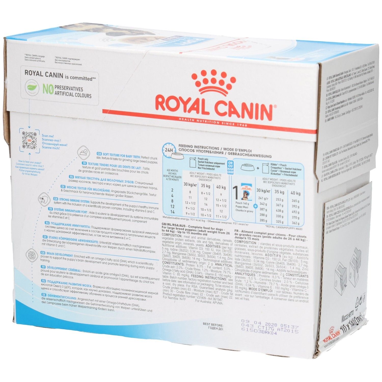 Royal Canin Maxi Puppy in Soße, 10x140g Beutel. Seitenansicht der Kartonverpackung mit Produktmerkmalen.