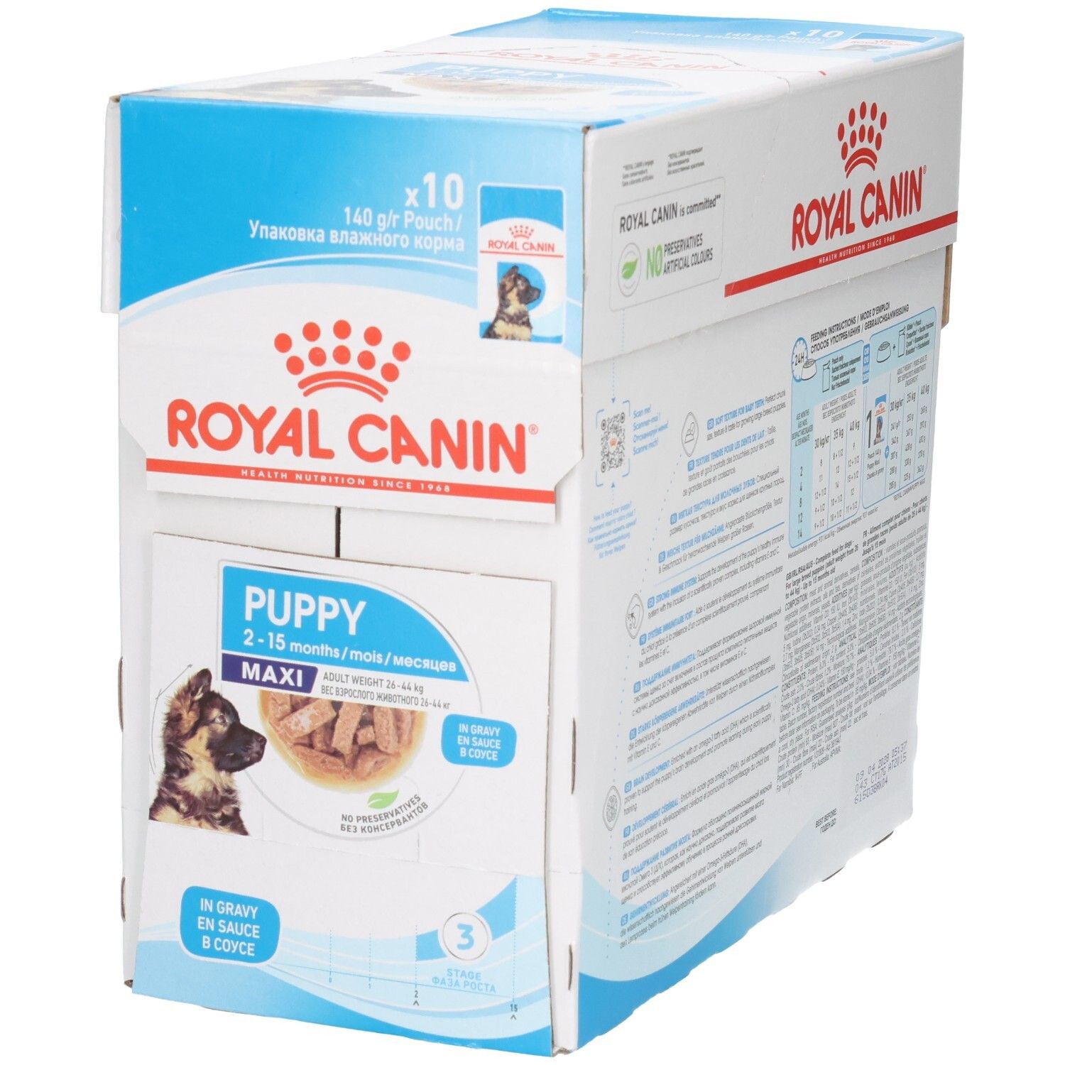 Royal Canin Maxi Puppy in Soße, 10x140g Beutel. Vorderseite der Kartonverpackung mit Welpenbild und Produktinformationen.