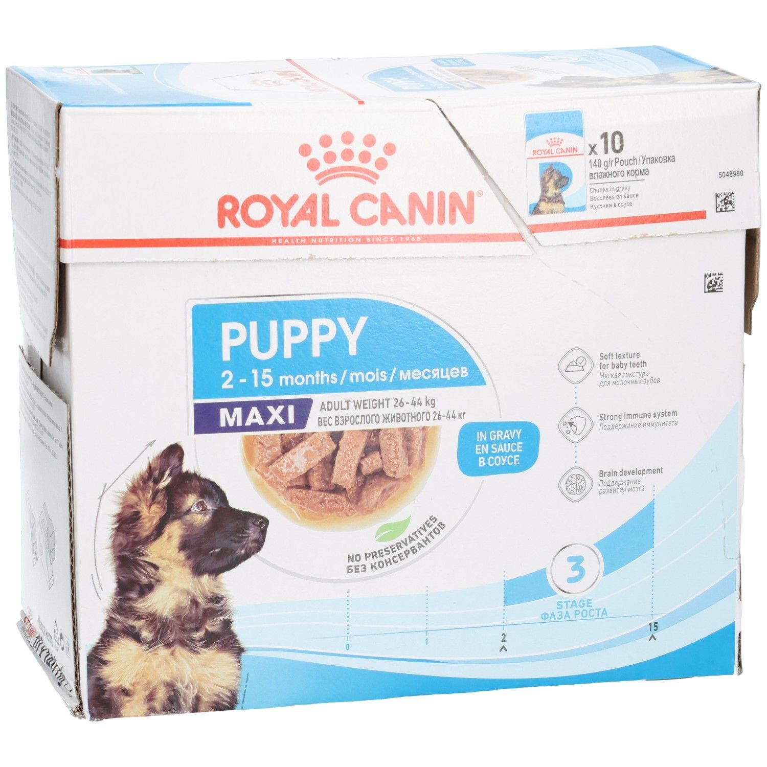Royal Canin Maxi Puppy in Soße, 10x140g Beutel. Vorderseite der Kartonverpackung mit Welpenbild und Produktinformationen.