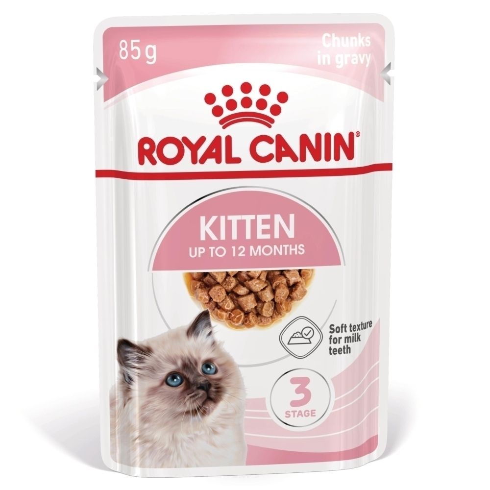 Royal Canin Kitten Futterbeutel mit 85g Inhalt und Katzenbaby-Abbildung.