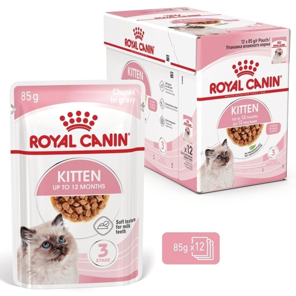 Royal Canin Kitten Futterbeutel und Karton, 12x 85g, für Kätzchen bis 12 Monate.