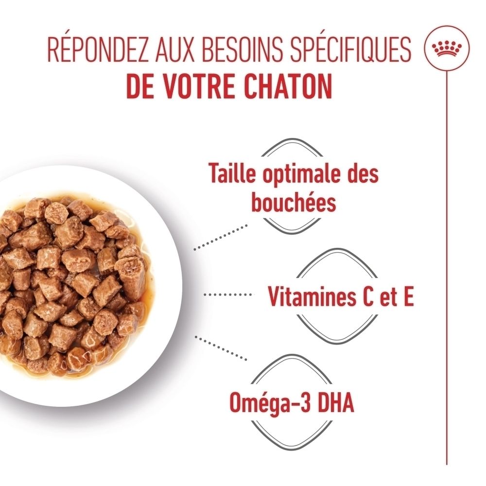 Nasses Katzenfutter in Würfeln in einer weißen Schale, mit Text über optimale Bissen, Vitamine C und E, Omega-3-DHA.