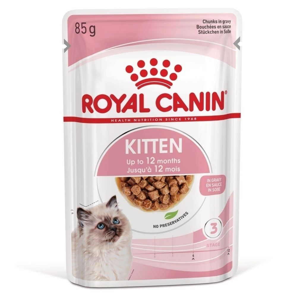 Royal Canin Kitten Futterbeutel, 85g. Enthält Stückchen in Soße für Katzen bis 12 Monate.