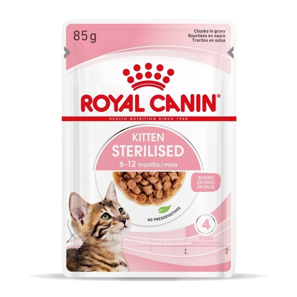 Royal Canin Kitten Sterilised 85g Pouch. Chunks in gravy for kittens 6-12 months.