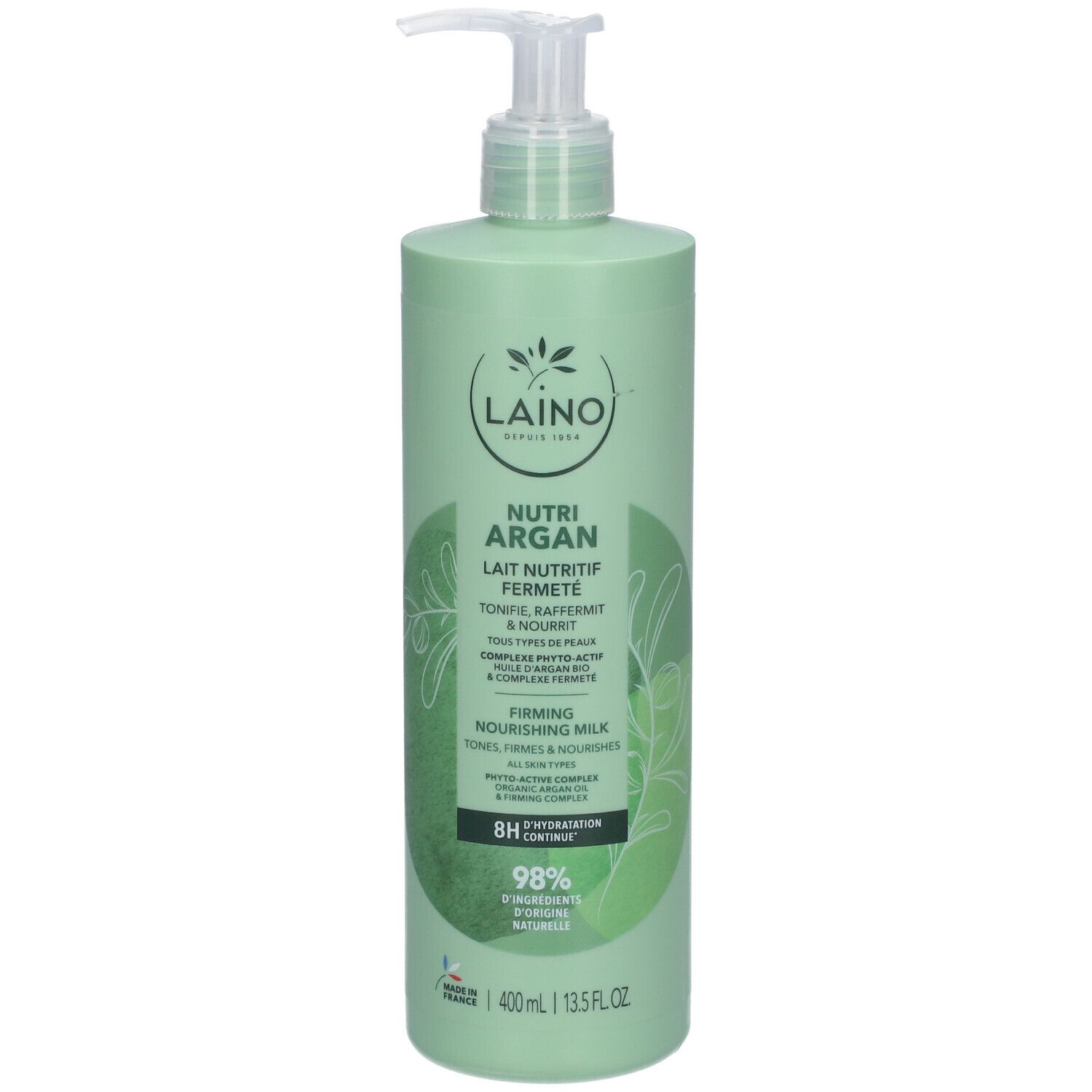 Grüne Flasche mit Pumpe. Aufschrift: Laino, Nutri Argan, Lait Nutritif Fermeté. 400ml. 98% Inhaltsstoffe natürlichen Ursprungs.
