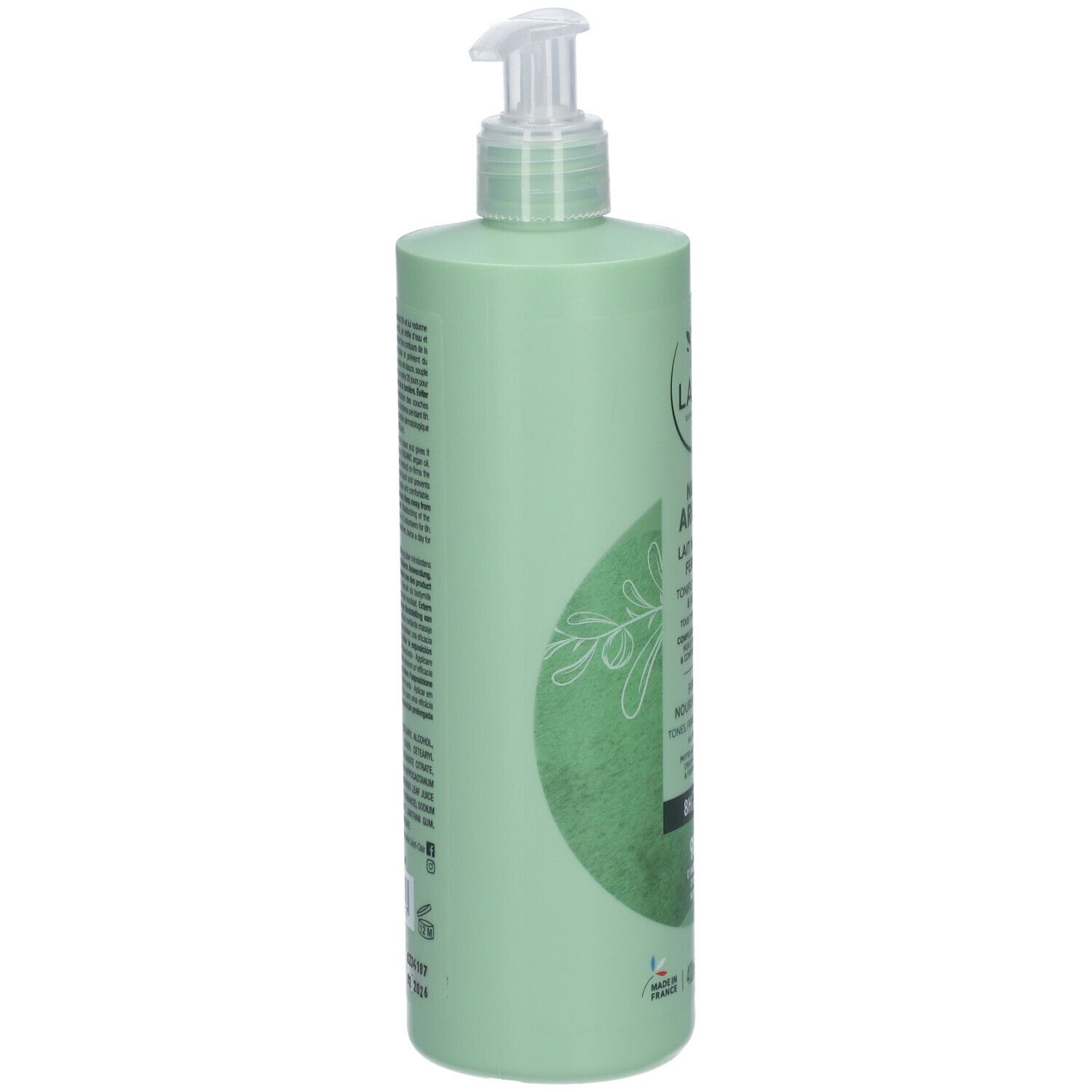 Grüne Flasche mit Pumpe. Seitenansicht. Text: Laino, Nutri Argan, Lait Nutritif Fermeté. Mit Inhaltsstoffangaben und Logos.