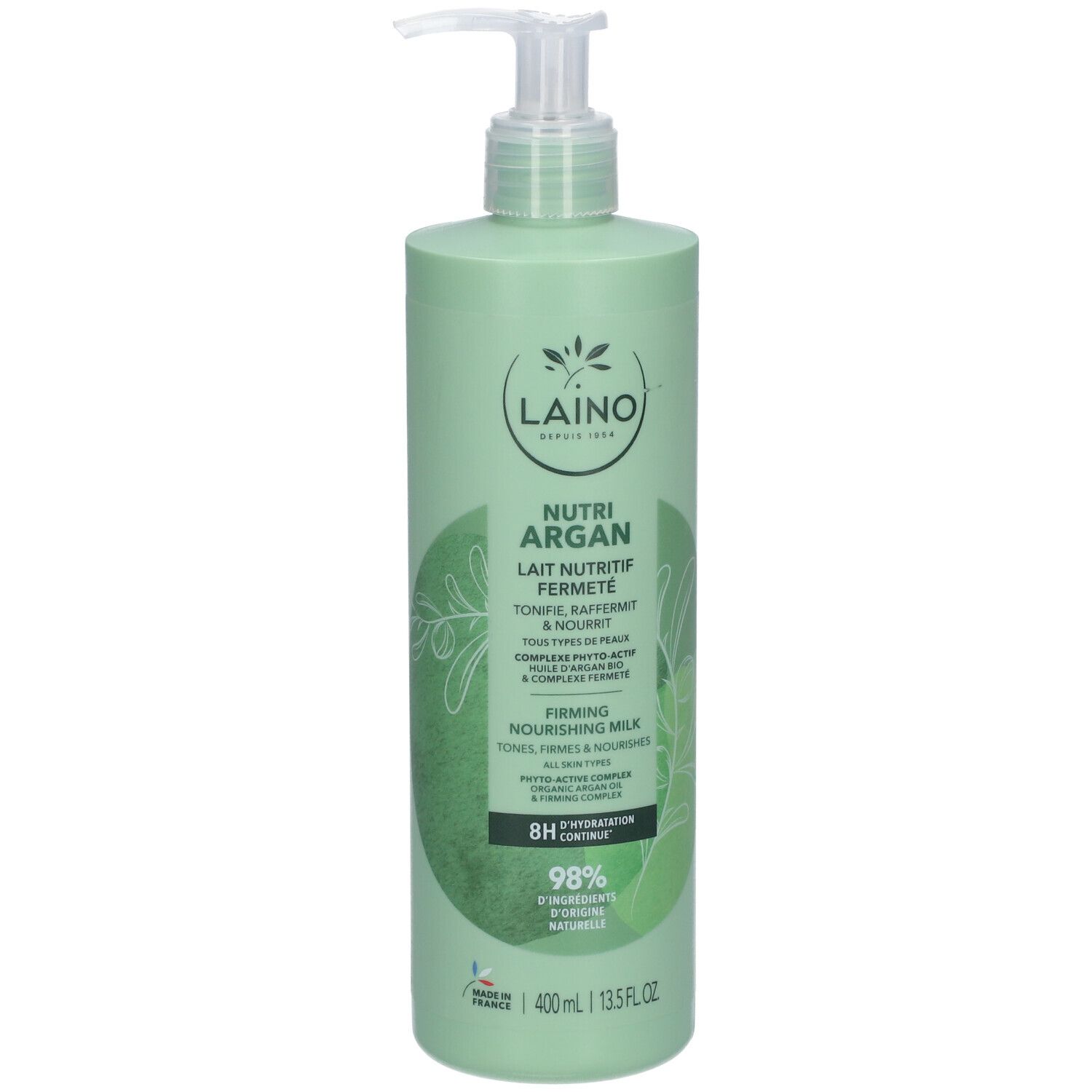 Grüne Flasche mit Pumpe. Aufschrift: Laino, Nutri Argan, Lait Nutritif Fermeté. 400ml. 98% Inhaltsstoffe natürlichen Ursprungs.