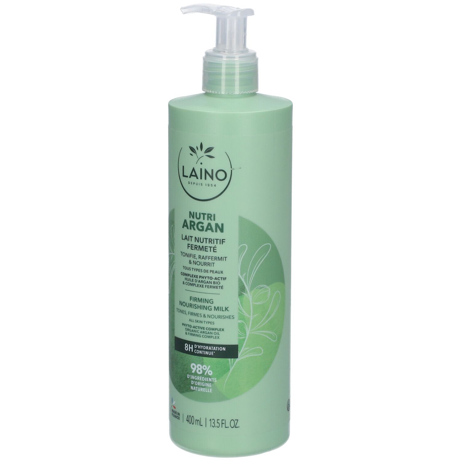 Grüne Flasche mit Pumpe. Aufschrift: Laino, Nutri Argan, Lait Nutritif Fermeté. 400ml. 98% Inhaltsstoffe natürlichen Ursprungs.